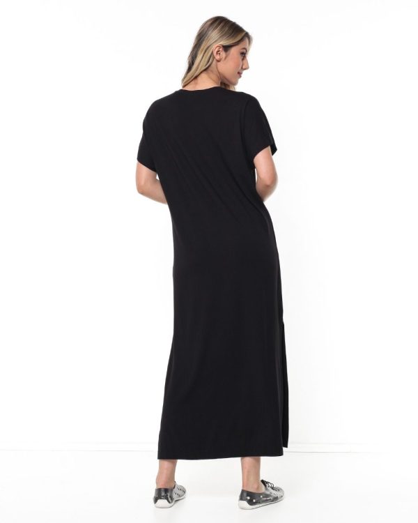 Vestido Fendas Com Manga Curta E Corte Em V - Estampado Preto - Imagem 3