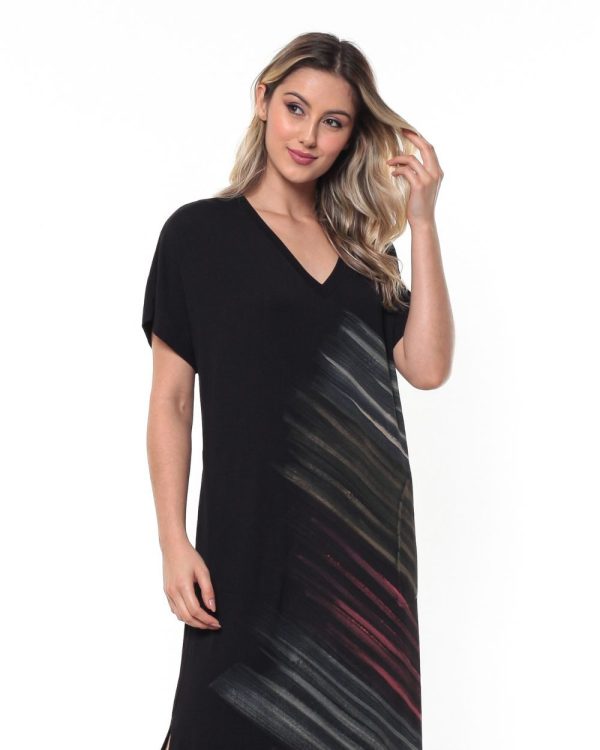 Vestido Fendas Com Manga Curta E Corte Em V - Estampado Preto - Imagem 2