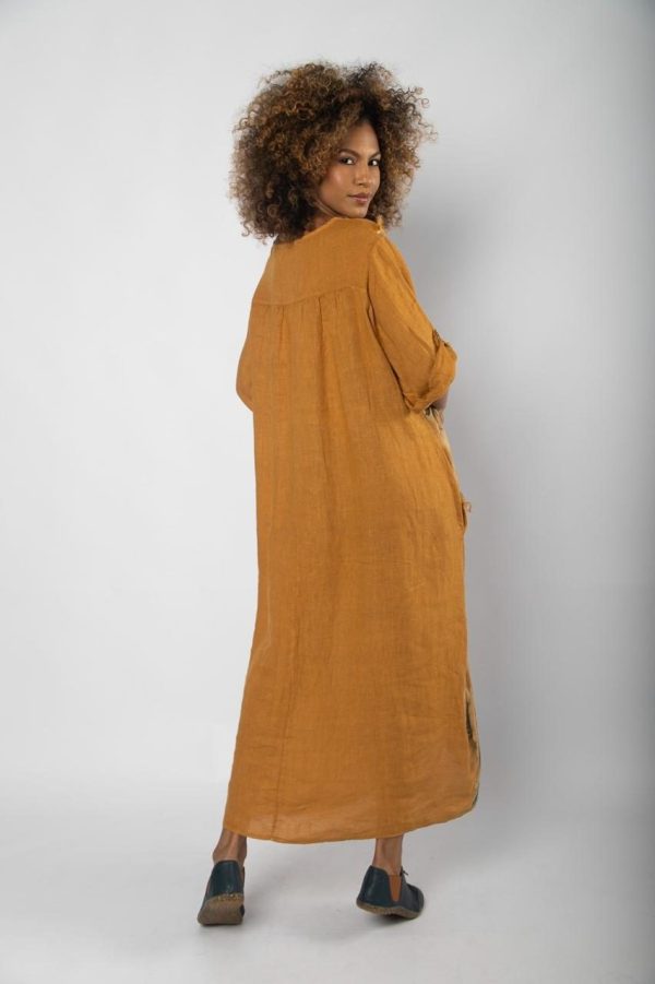 Vestido Em Linho Com Recortes Florais -  Verda / Mostarda - Imagem 5
