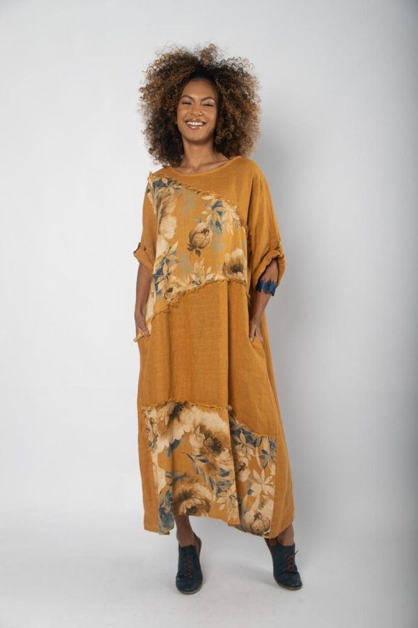 Vestido Em Linho Com Recortes Florais -  Verda / Mostarda - Imagem 4