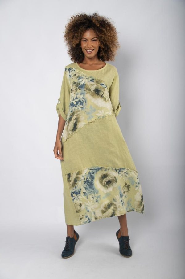 Vestido Em Linho Com Recortes Florais -  Verda / Mostarda - Imagem 1