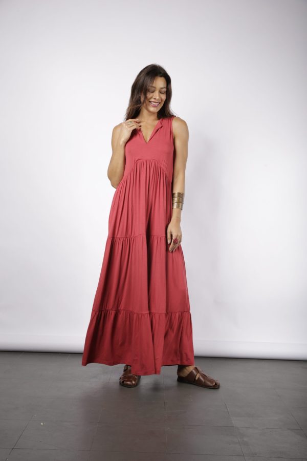 Vestido Babado Em Malha Sem Manga - Cereja - Imagem 3