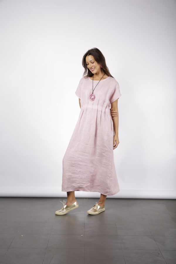 Vestido Em Linho Puro Prega Li - Azul / Rosa - Imagem 2
