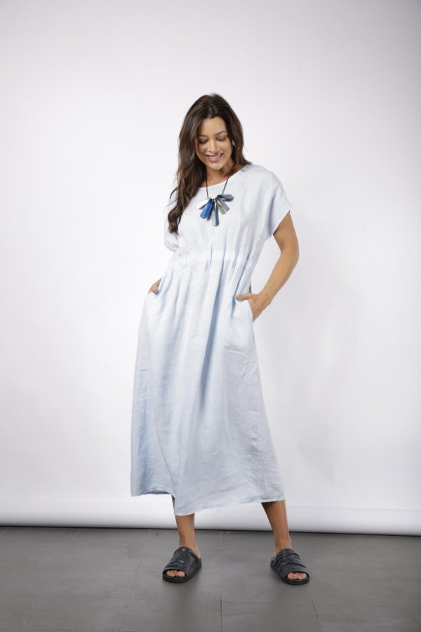 Vestido Em Linho Puro Prega Li - Azul / Rosa - Imagem 1
