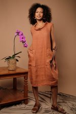Vestido Feminino Linho Puro Com Gola