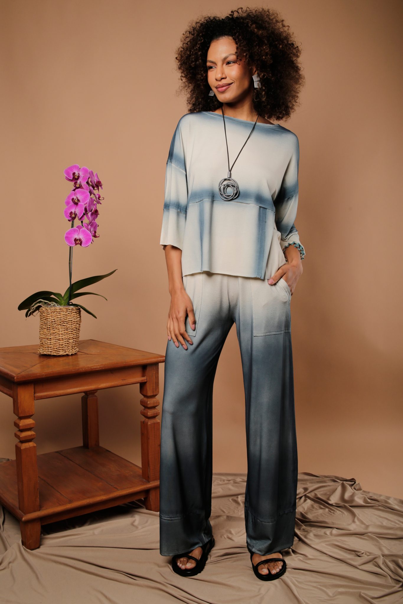 35 Conjunto Feminino Em Malha Estampado - Areia - Imagem 1