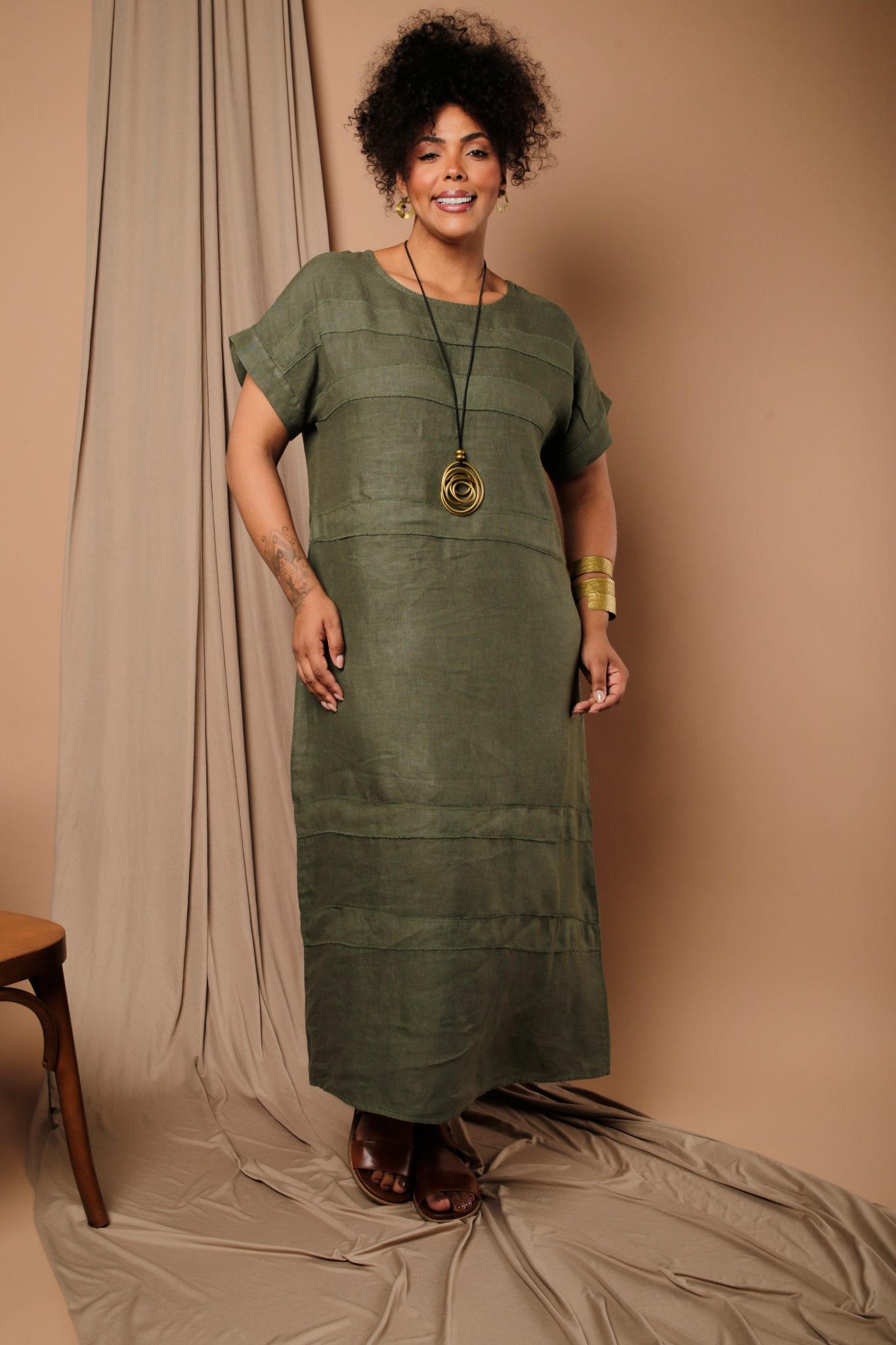 5 Vestido Feminino Linho Puro Com Manga Curta - Imagem 1