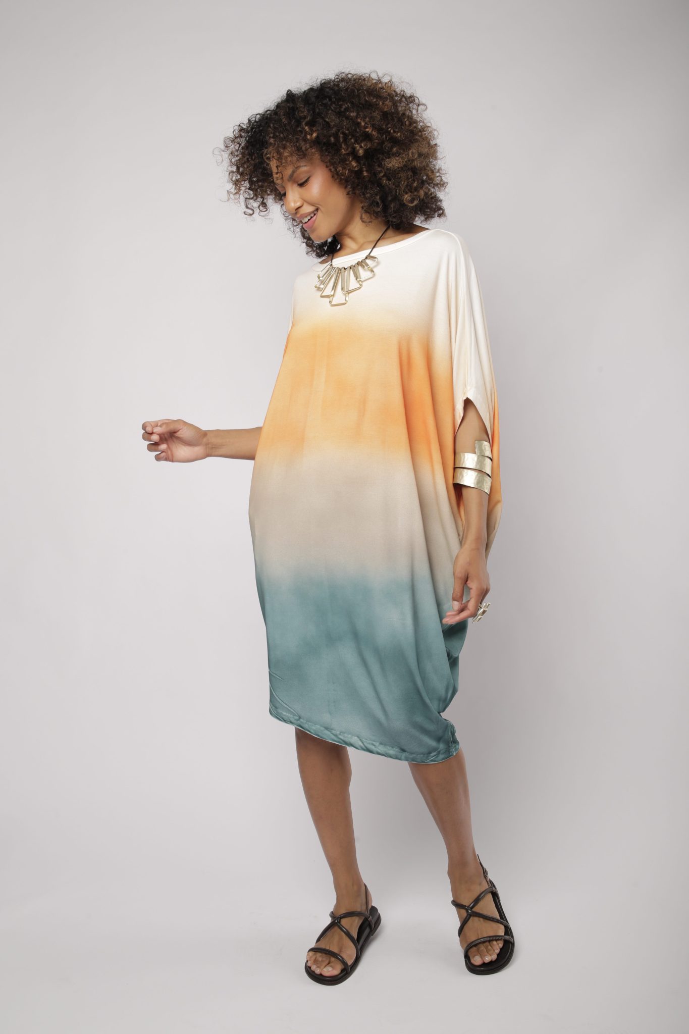 _D3_7231 Vestido Feminino Em Malha Manga Curta - Laranja - Imagem 1