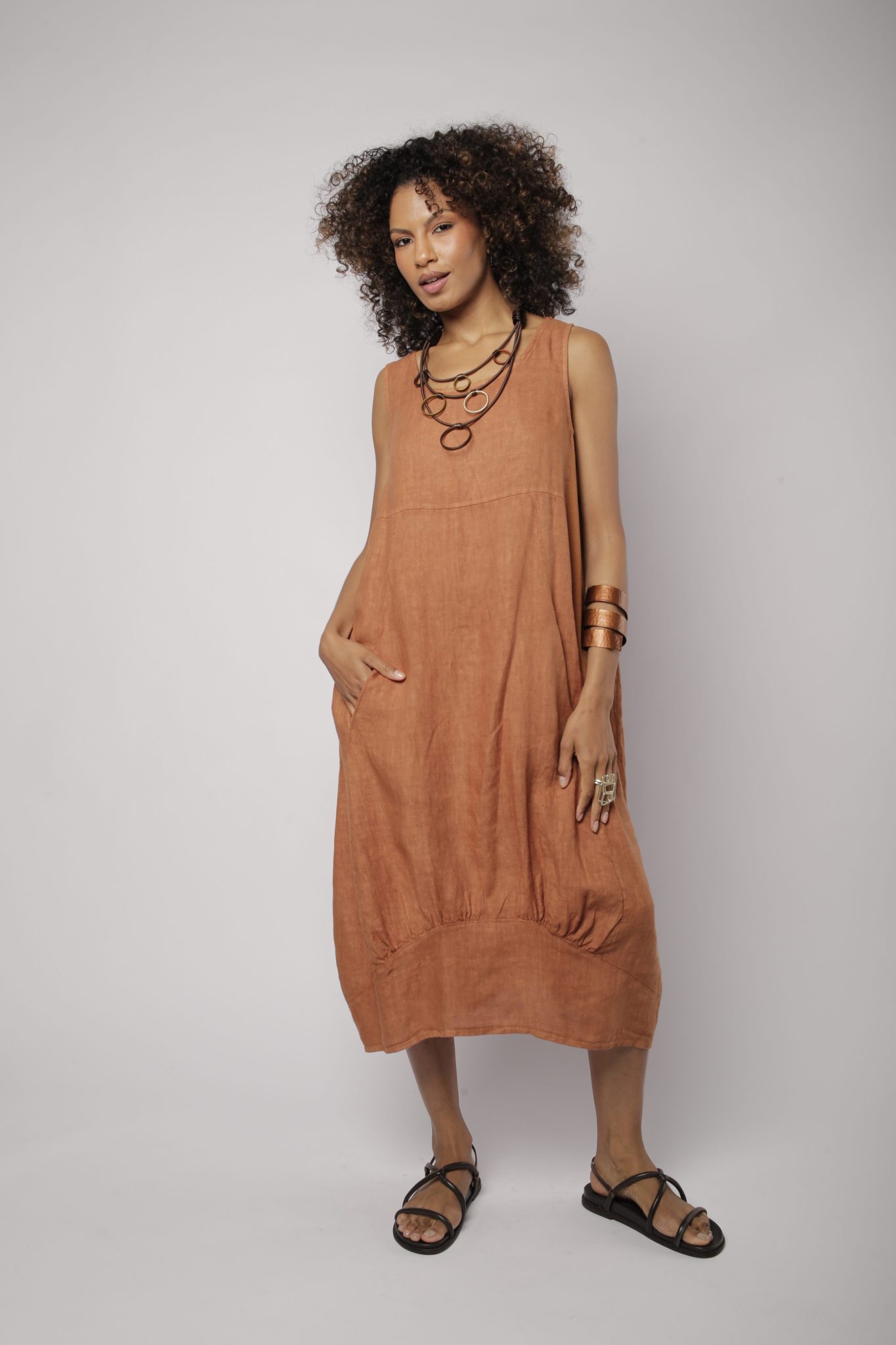 _D3_7419 Vestido Feminino Linho Puro Malha Lateral - Imagem 11