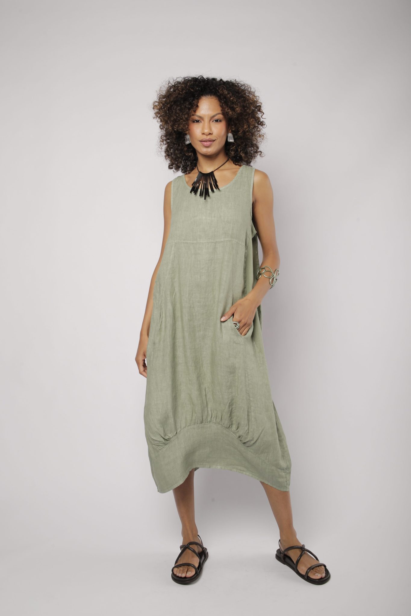 _D3_7457 Vestido Feminino Linho Puro Malha Lateral - Imagem 9