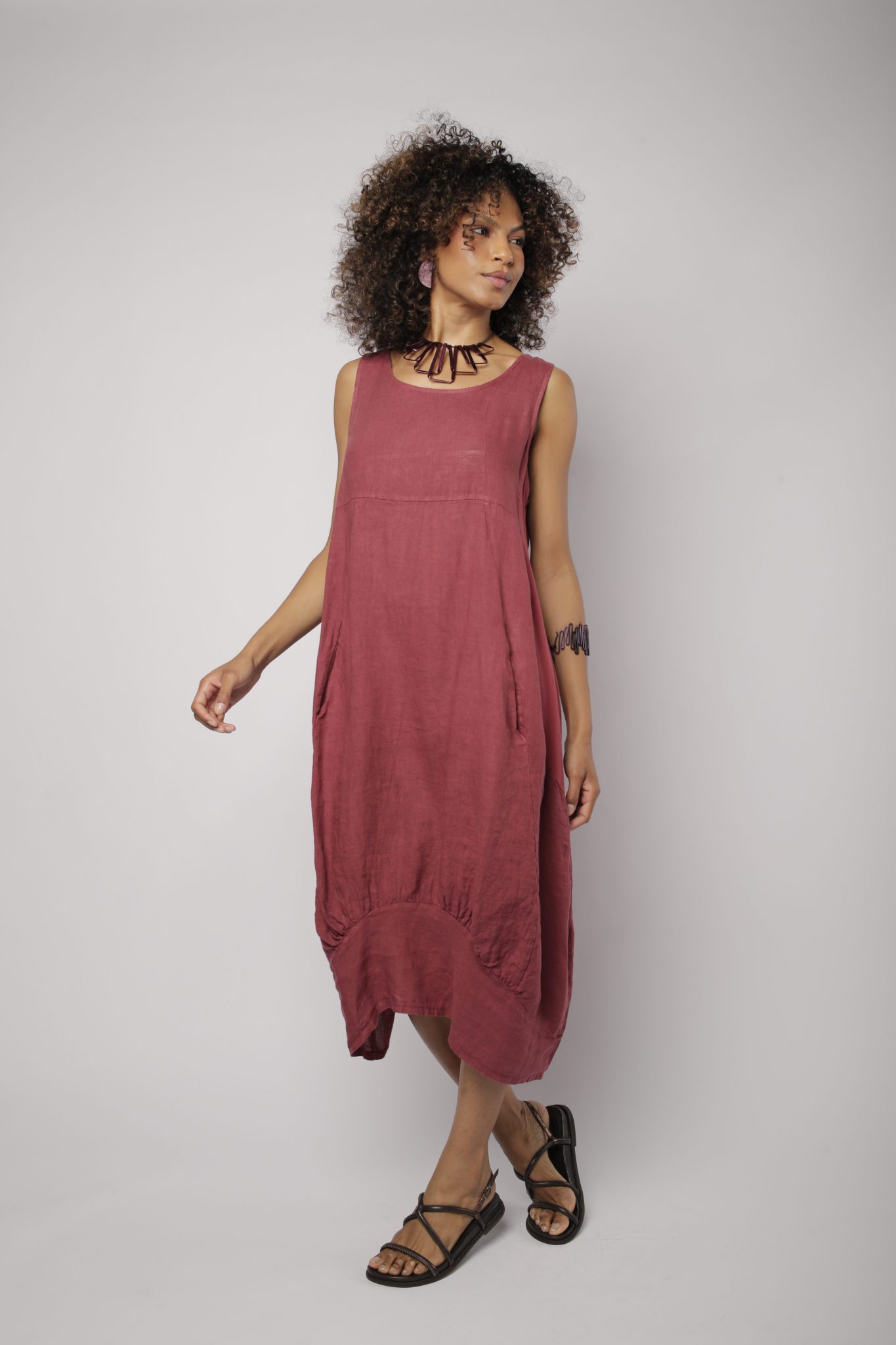 _D3_7478 Vestido Feminino Linho Puro Malha Lateral - Imagem 6