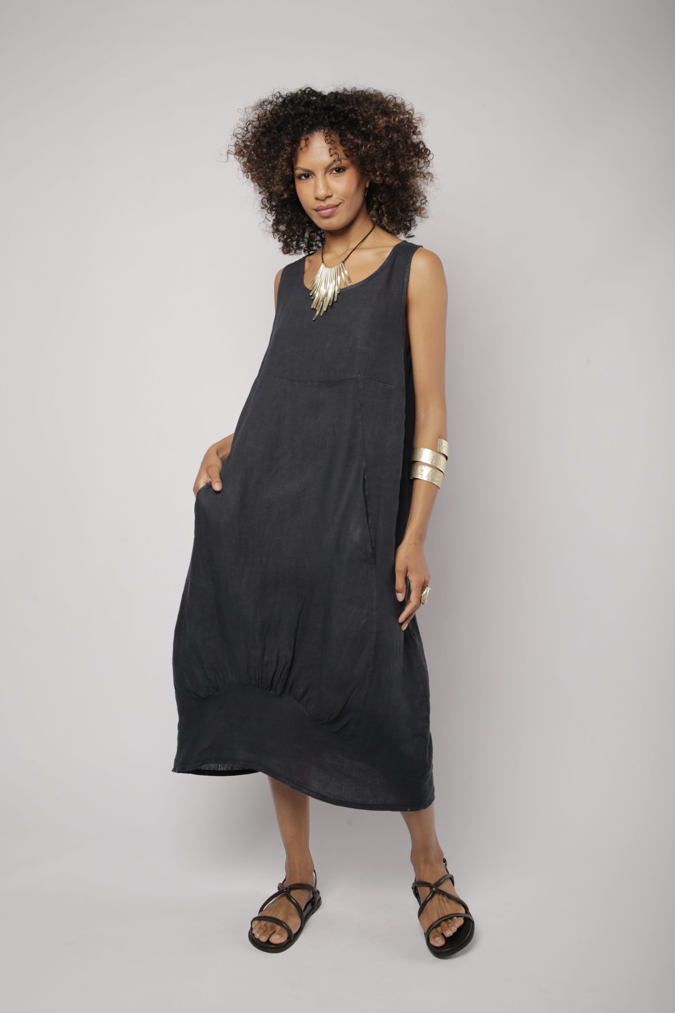 _D3_7529 Vestido Feminino Linho Puro Malha Lateral - Imagem 12